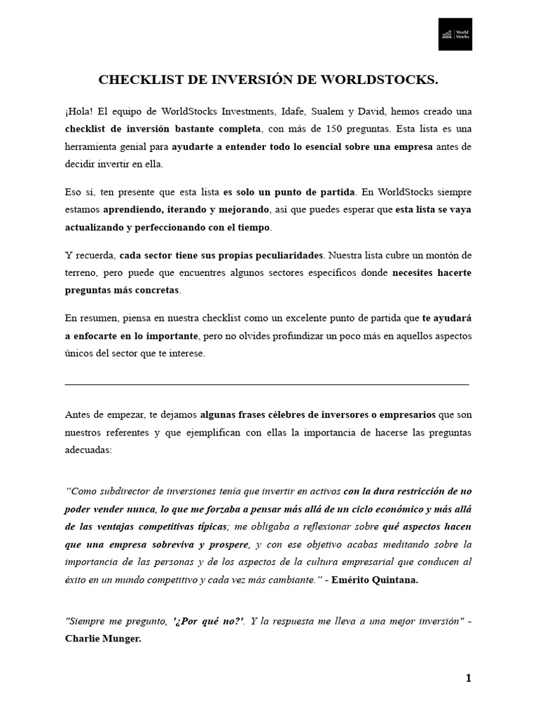 Checklist de Inversión de WorldStocks | PDF | Business | Deuda