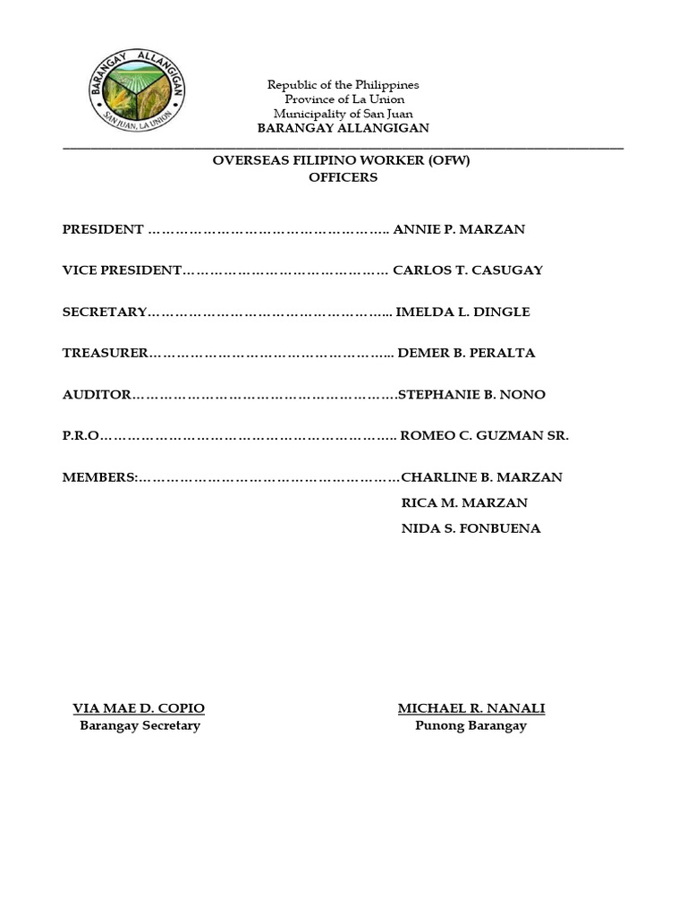 OFW Officers in Barangay Allangigan | PDF