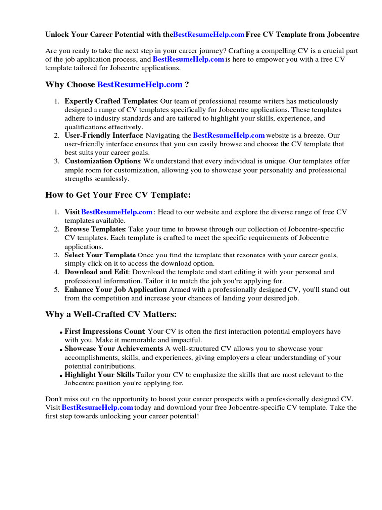 Free CV Template Jobcentre Download Free PDF Recruitment