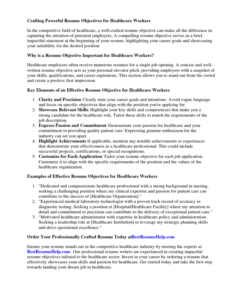 Resume Objective For Healthcare Workers PDF Résumé Health Care