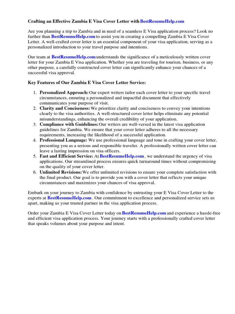 Zambia E Visa Cover Letter Download Free PDF Travel Visa