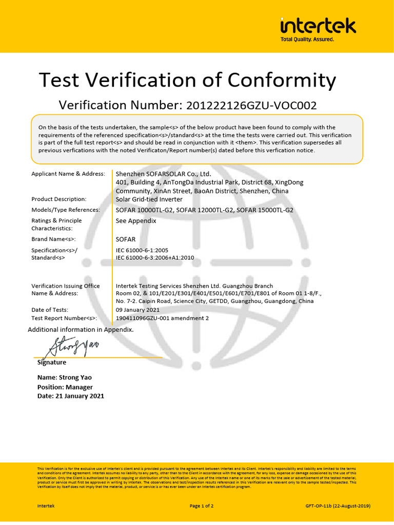 Intertek Test Verification for SOFAR Inverters | PDF | Verification And ...
