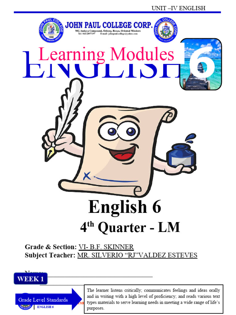 English 6 Lm Quarter 4 Pdf Adverb Grammatical Tense