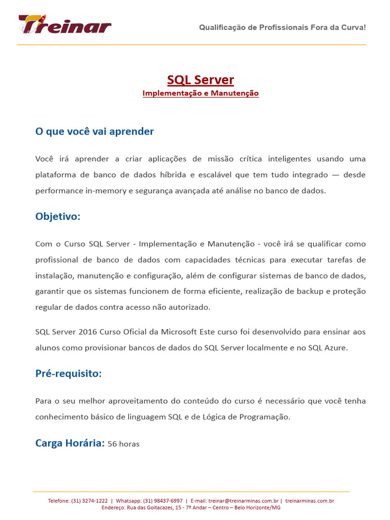 Curso de SQL Server: Implementação e Manutenção | PDF | Microsoft SQL ...