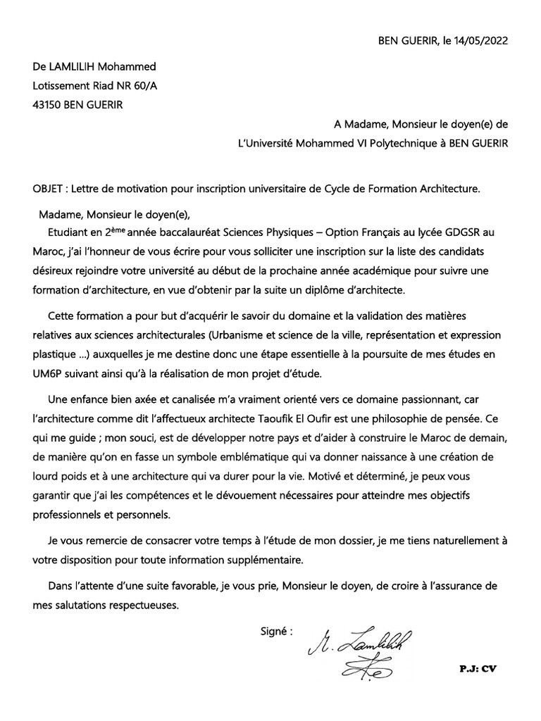 Lettre de motivation pour UM6P Architecture PDF — free download