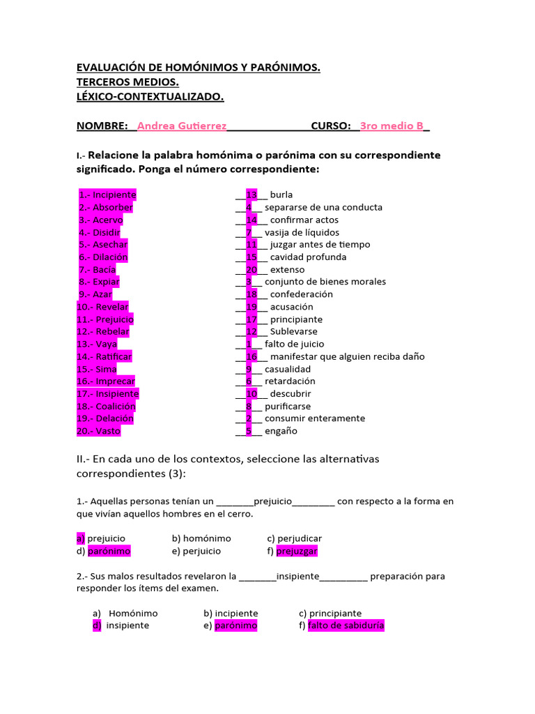 Evaluación de Homónimos y Parónimos | PDF | Artes del Lenguaje y ...