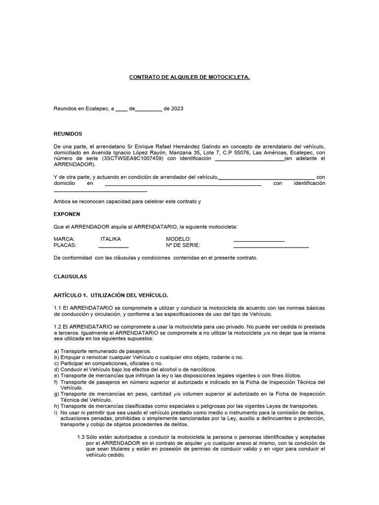 Contrato - Alquiler de Moto | Descargar gratis PDF | Transporte