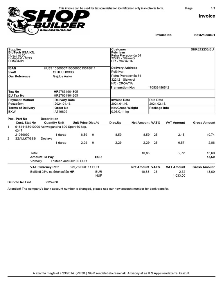 Biotechusa KFT Beu24008891 | PDF | Invoice | Value Added Tax