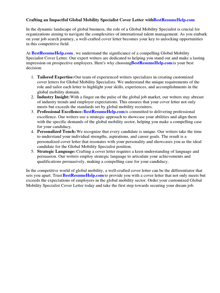 Global Mobility Specialist Cover Letter PDF Résumé Human Resource