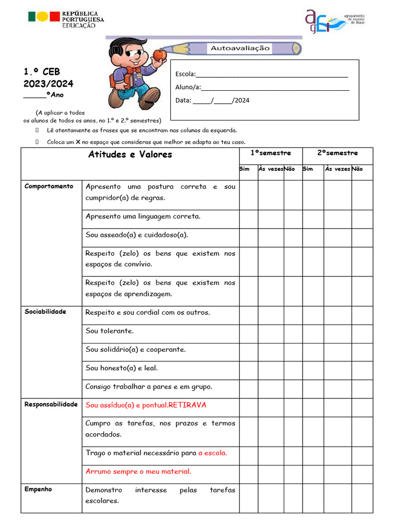 Ficha de Autoavaliação do Aluno | PDF | Carreira e Crescimento
