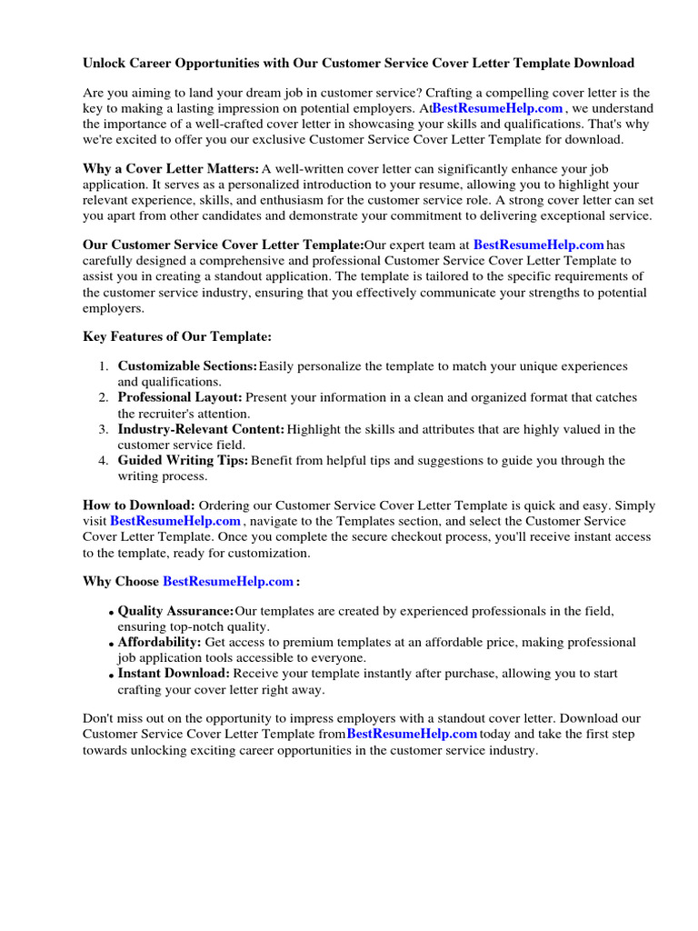 Customer Service Cover Letter Template Download PDF Résumé Experience