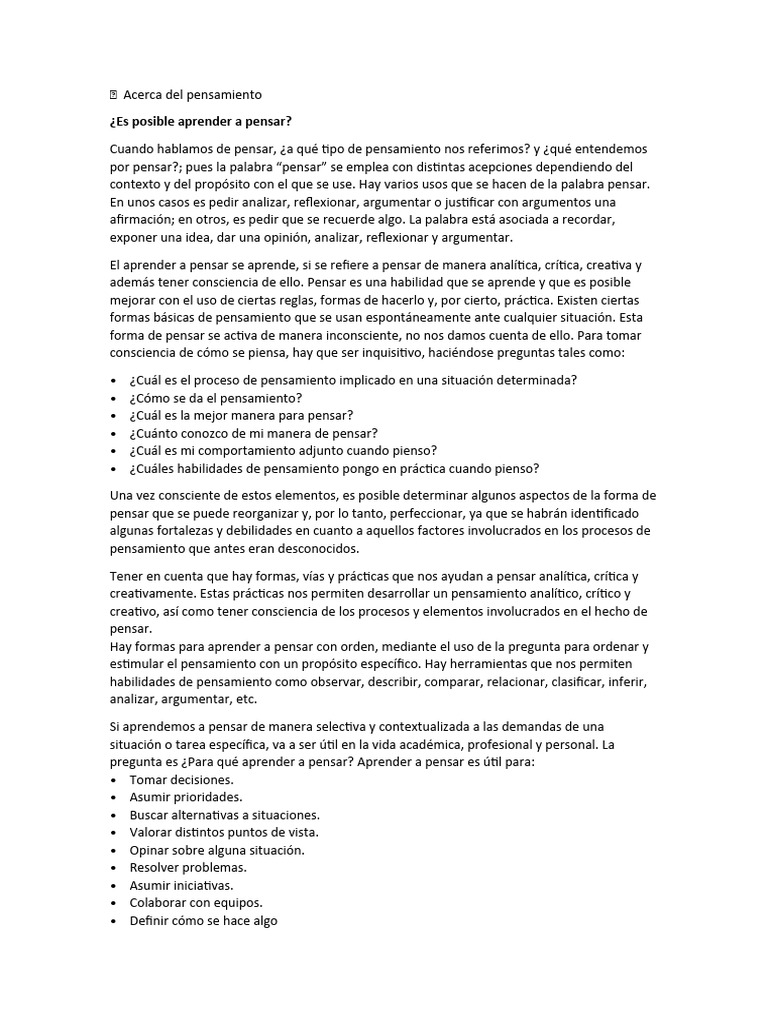 Aprender a Pensar: Tipos y Habilidades | PDF | Pensamiento | Inteligencia