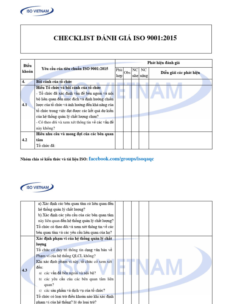 Check List Danh Gia Iso 9001-2015 | PDF