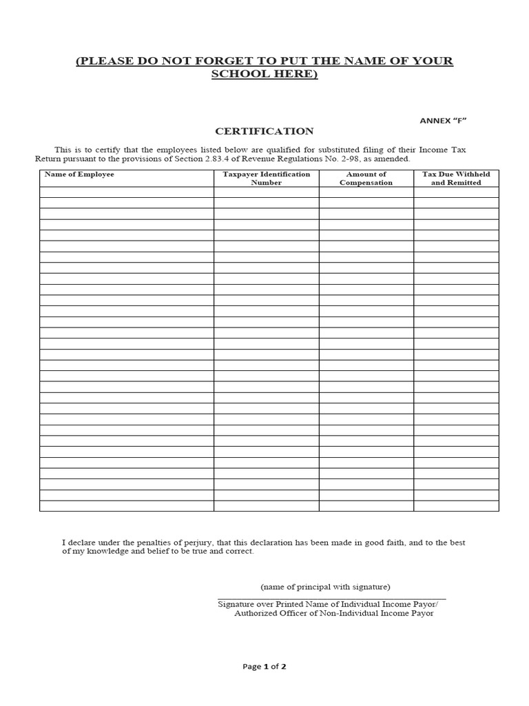 Income Tax Certification Annex F | PDF | Finance & Money Management