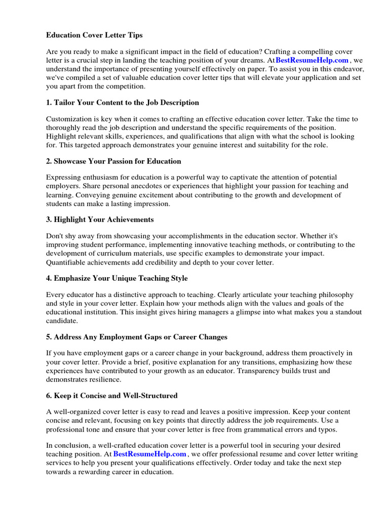 Education Cover Letter Tips Download Free PDF Teachers Employment