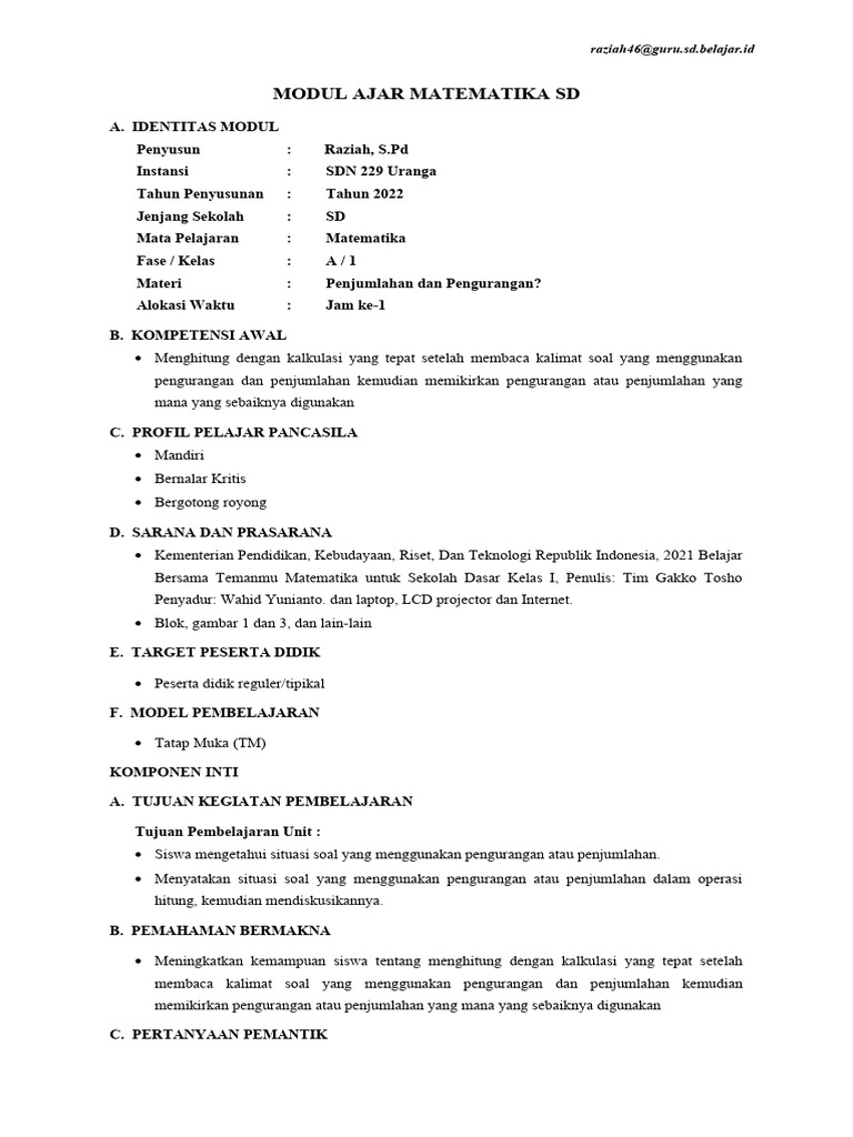 Modul Ajar Matematika Kelas 1 Kurikulum Merdeka Pdf