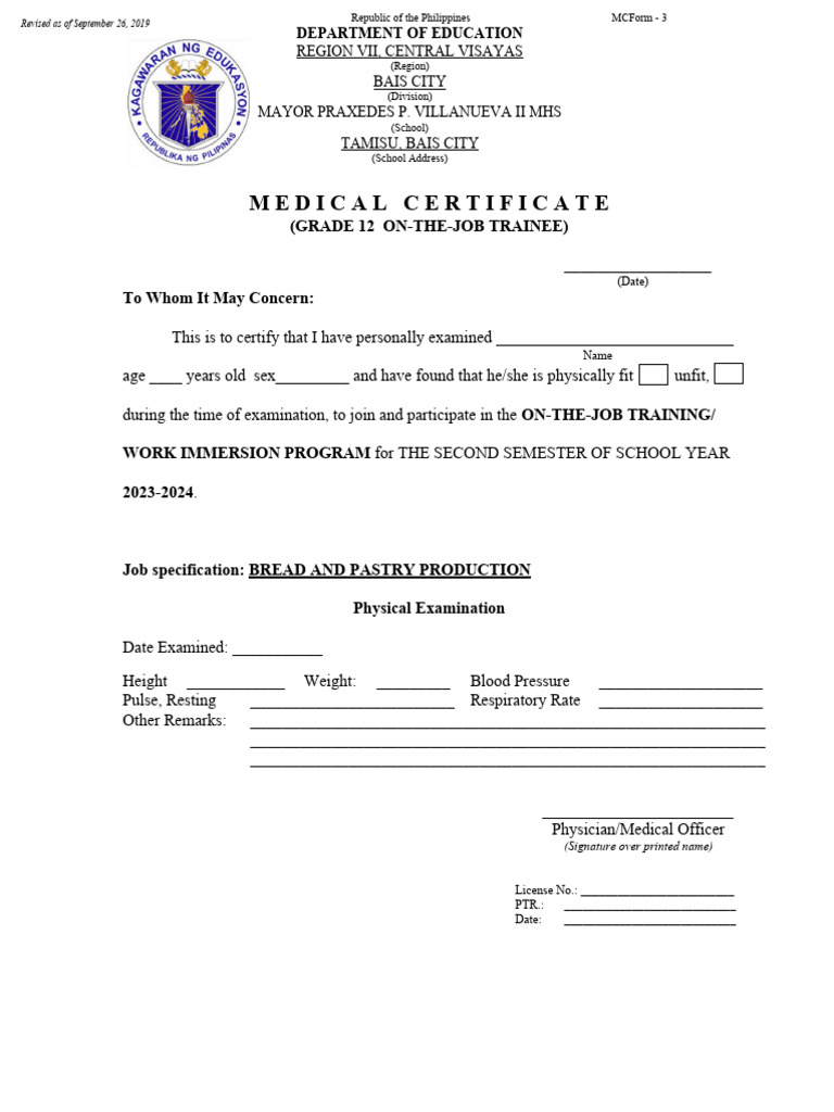 Medical Certificate for Work Immersion | PDF | Public Services ...
