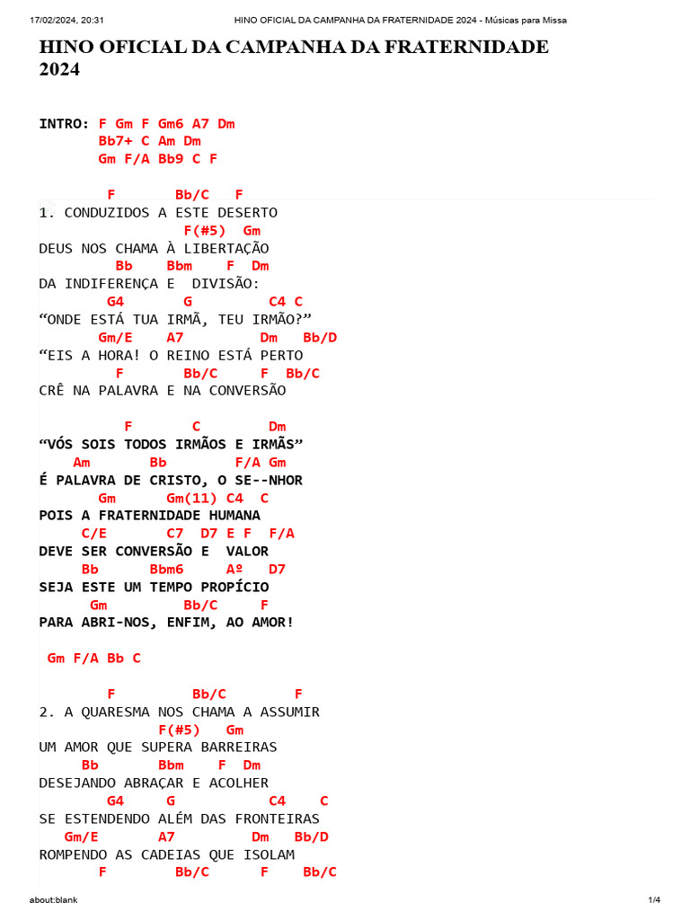 Final Hino Oficial Da Campanha Da Fraternidade 2024 Pdf