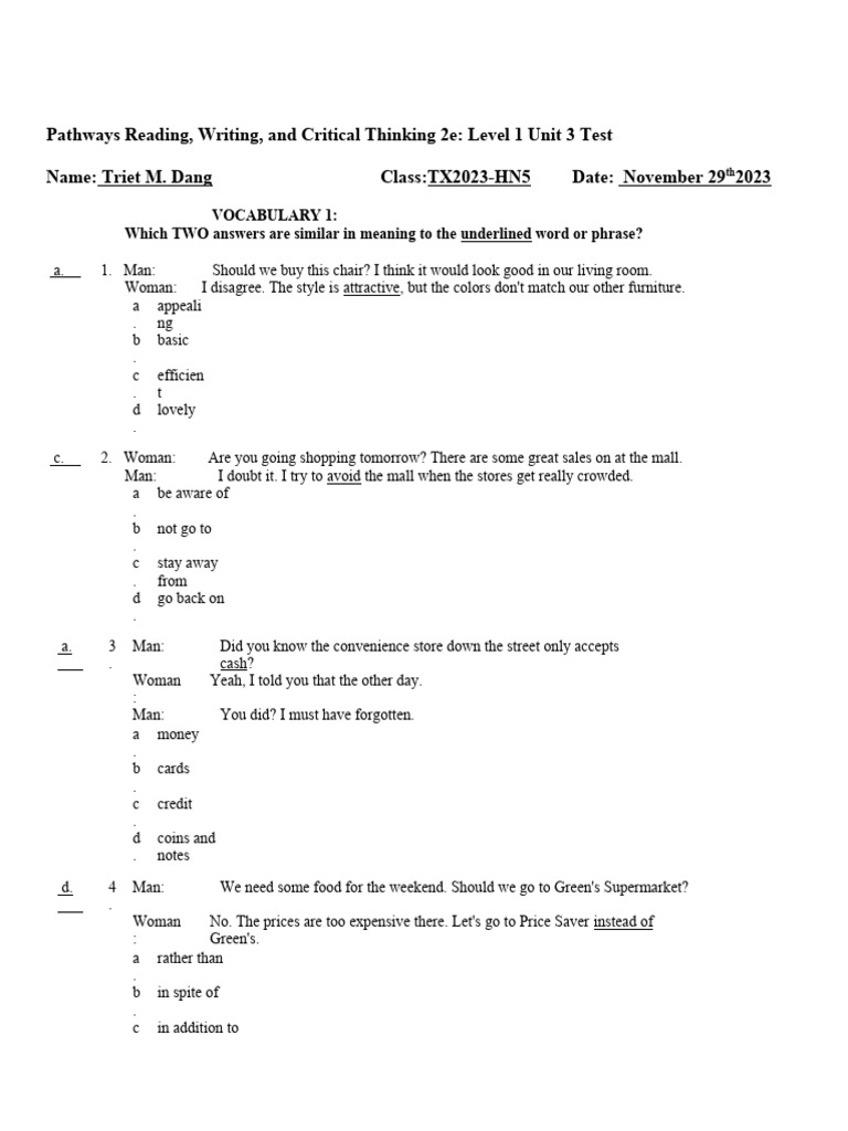 Pathways Rw1 2e U3 Test Download Free Pdf Online Shopping Retail
