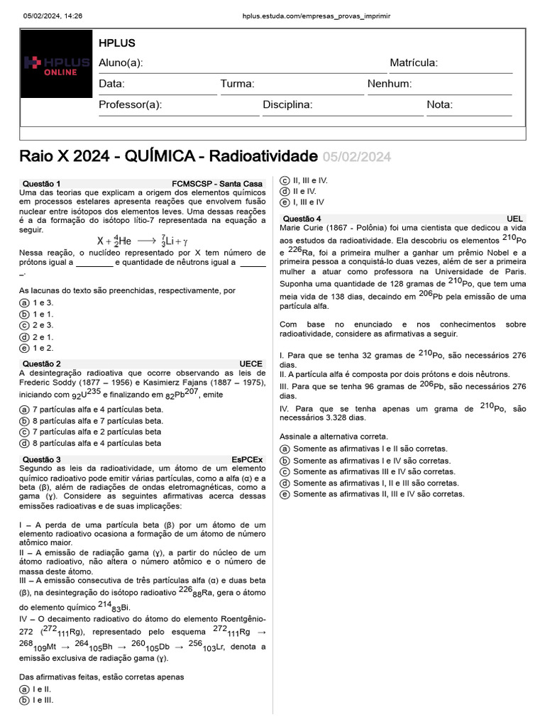 Questões sobre Radioatividade e Química | PDF | Radioatividade | Nêutron