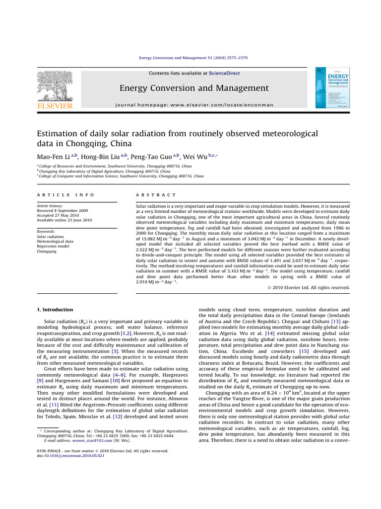 Estimation Of Daily Solar Radiation From Routinely Observed