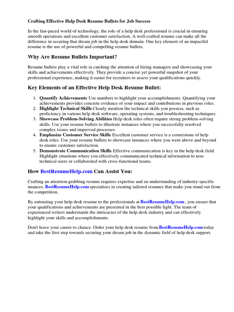 Help Desk Resume Bullets PDF Résumé Http Cookie