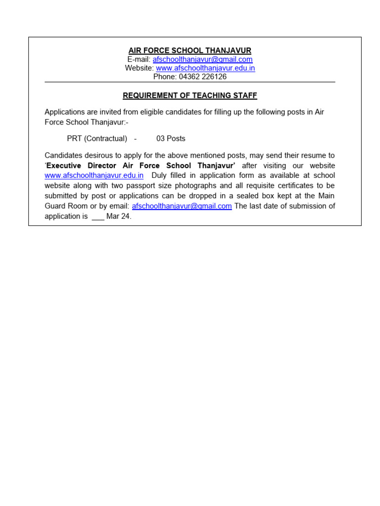 Teaching Staff Openings at AF School Thanjavur | PDF