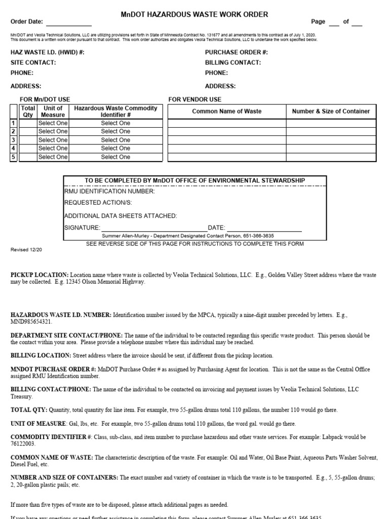 MnDOT Hazardous Waste Work Order | PDF | Waste