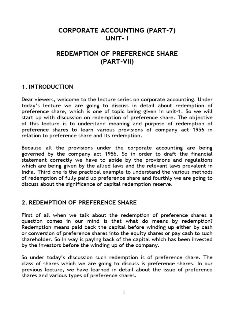 Redemption of Preference Shares Explained | PDF | Preferred Stock ...