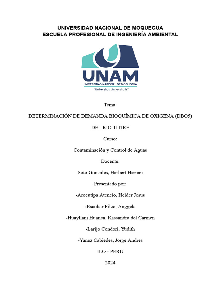 Determinación de Demanda Bioquímica de Oxigena (Dbo5) Del Río Titire ...