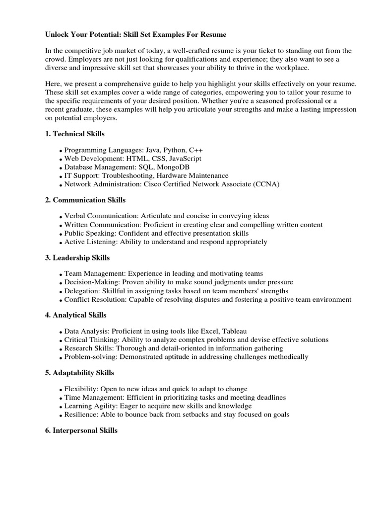 Skill Set Examples For Resume | PDF | Résumé | Communication