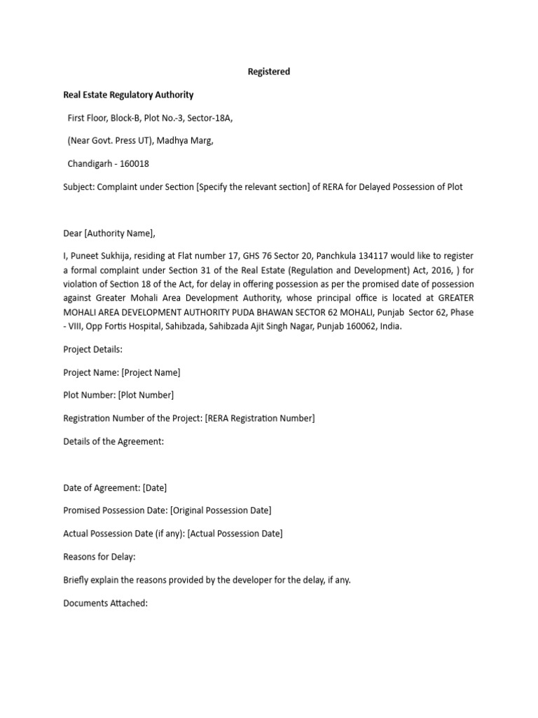 RERA Complaint for Delayed Possession | PDF | Finance & Money Management