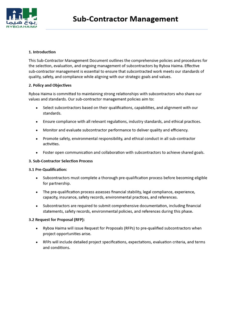 Sub-Contractor Management Document | PDF | Request For Proposal ...