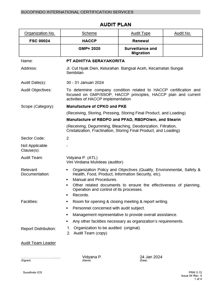 HACCP Audit Plan for PT Adhitya Serayakorita | PDF | Hazard Analysis ...