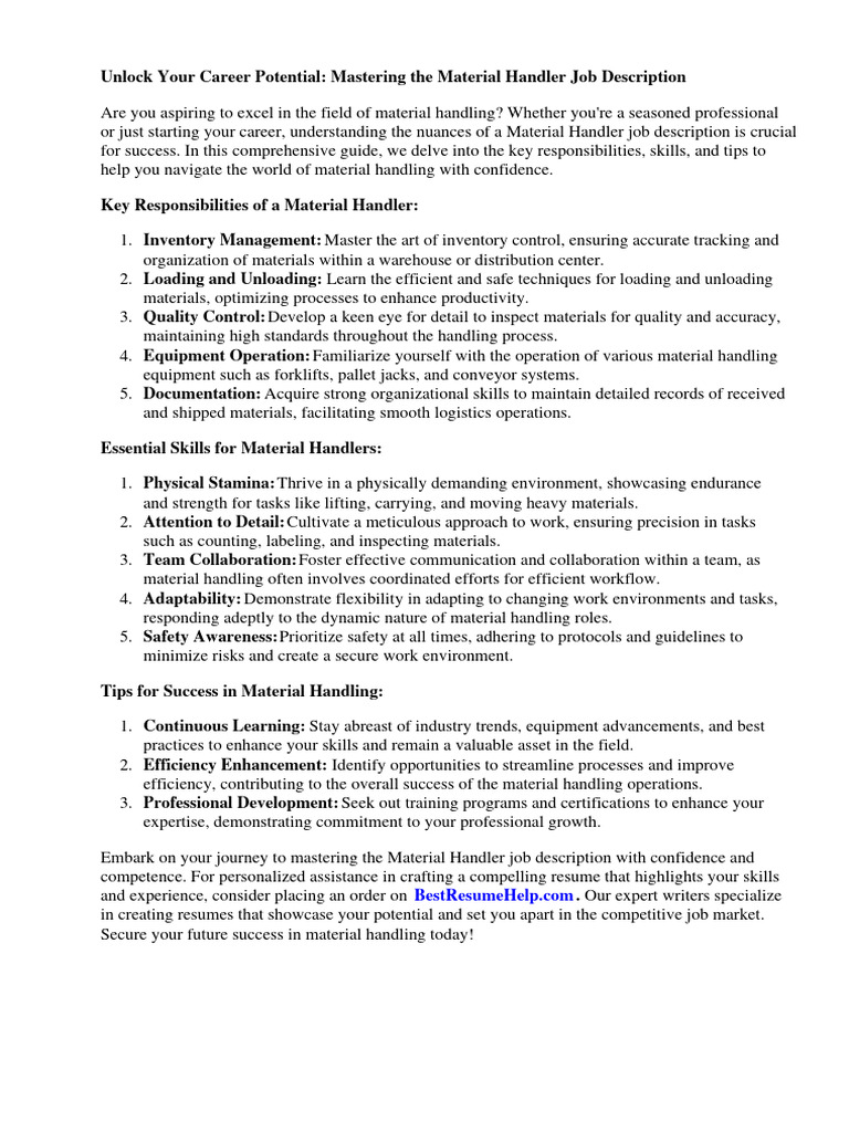 Material Handler Job Description Resume PDF Warehouse Pallet