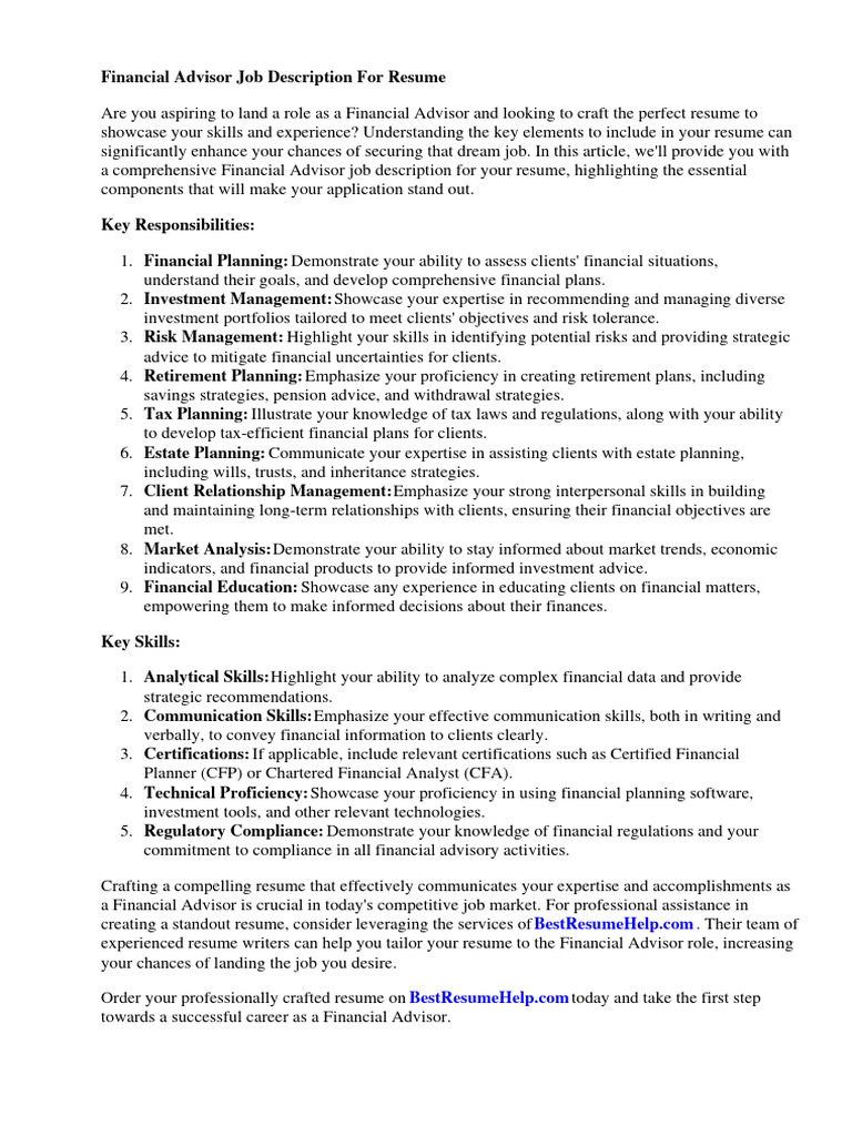 Financial Advisor Job Description For Resume | PDF | Financial Adviser
