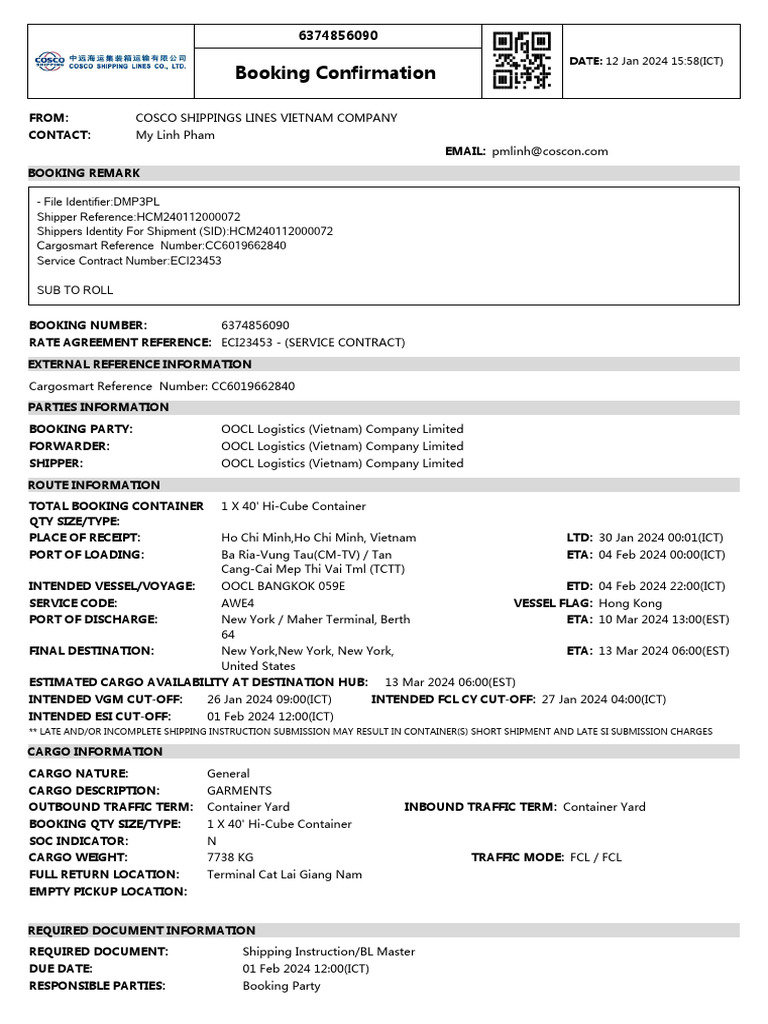 Booking Confirmation: DATE: 12 Jan 2024 15:58 (ICT) | PDF | Cargo ...