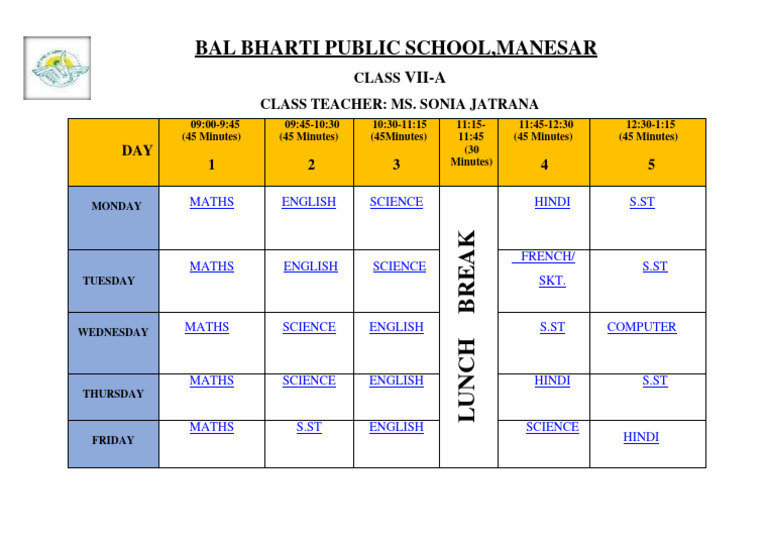 Class VII-A Weekly Schedule | PDF