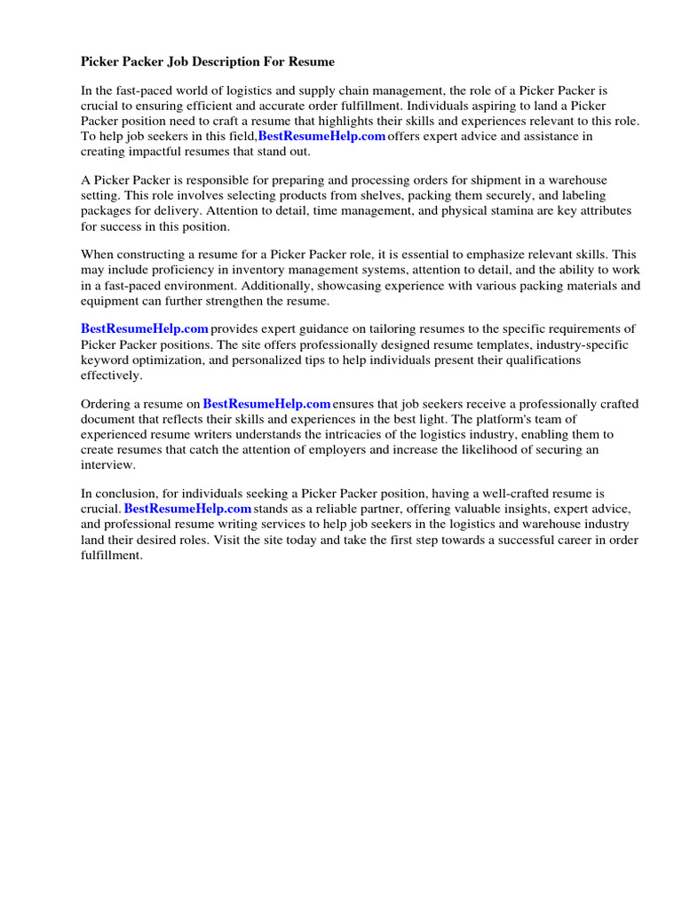 Picker Packer Job Description For Resume PDF Résumé Warehouse