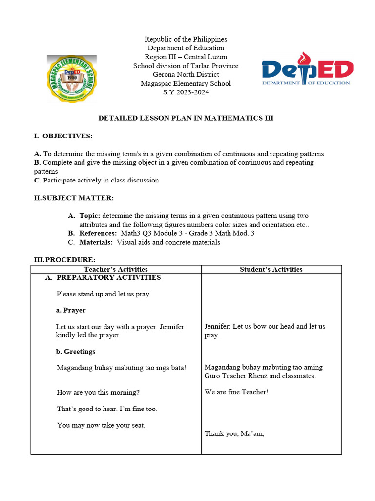 Grade 3 Continuous Patterns Lesson Plan | PDF | Pattern | Fruit