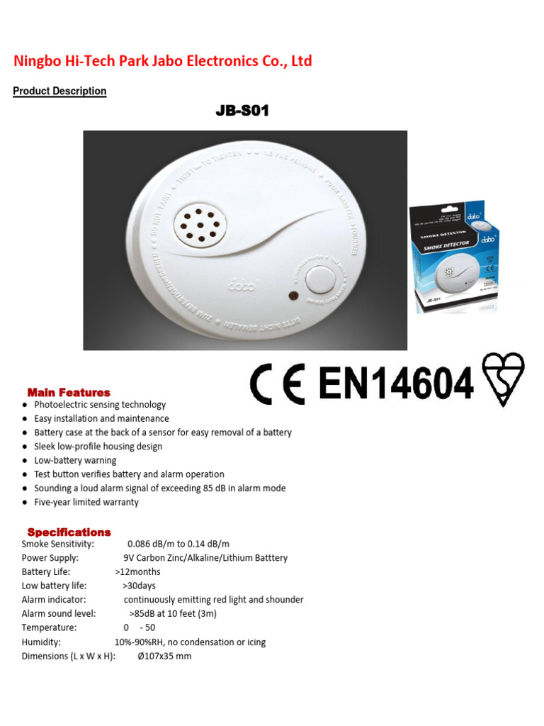 JB-S01 Smoke Detector Overview | PDF