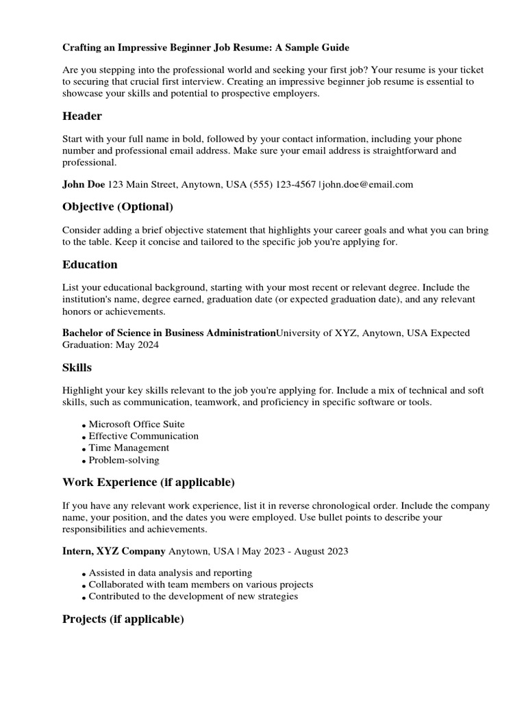 Beginner Job Resume Sample PDF - 1710193939