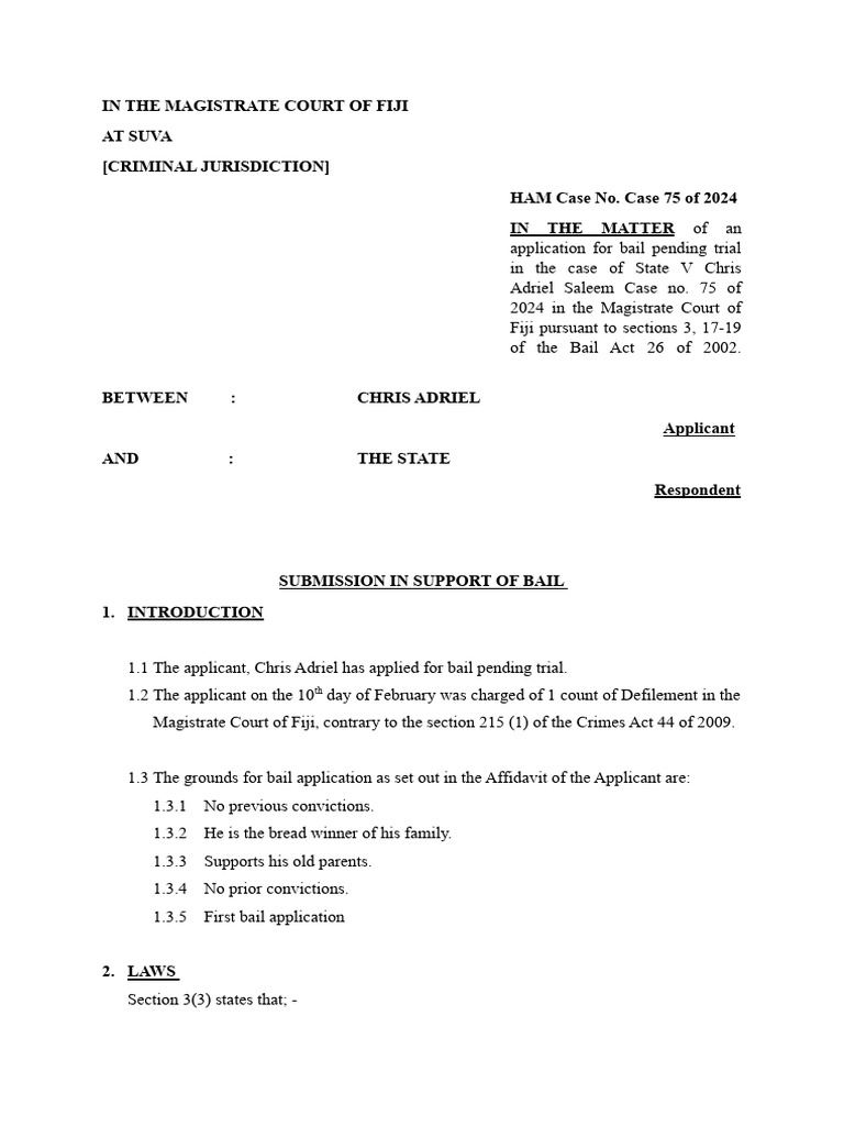 Bail Application Submission for Chris Saleem | PDF | Bail | Arrest