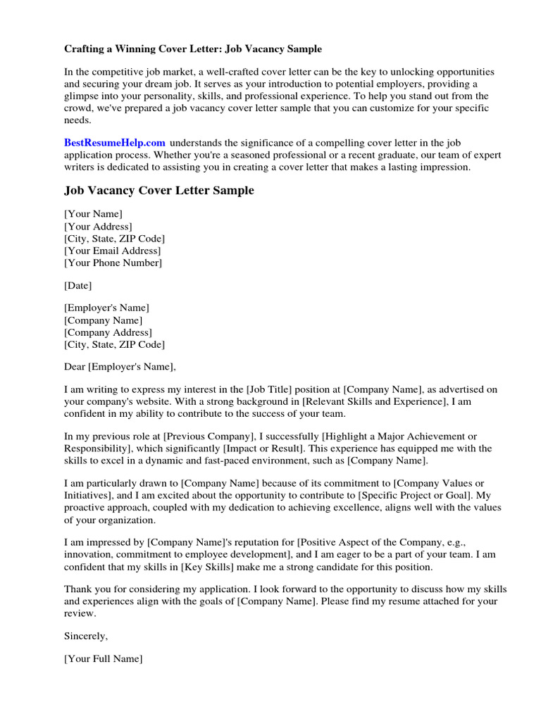 Cover Letter Job Vacancy Sample PDF Résumé Employment