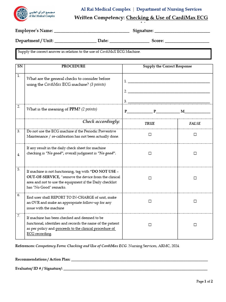 Written Competency - Checking and Use of The CardiMax ECG Machine | PDF ...