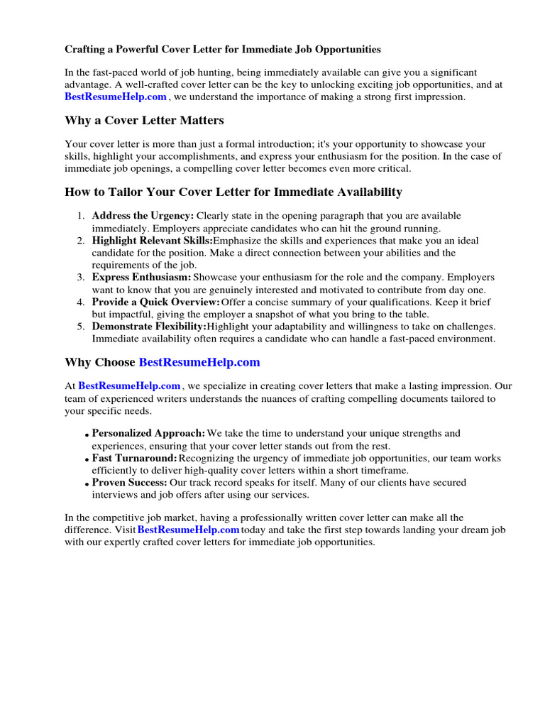 Cover Letter Immediately Available | PDF | Résumé | Business