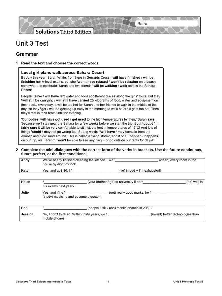 Unit 3 Progress Test Solutions | PDF | Color | Desert