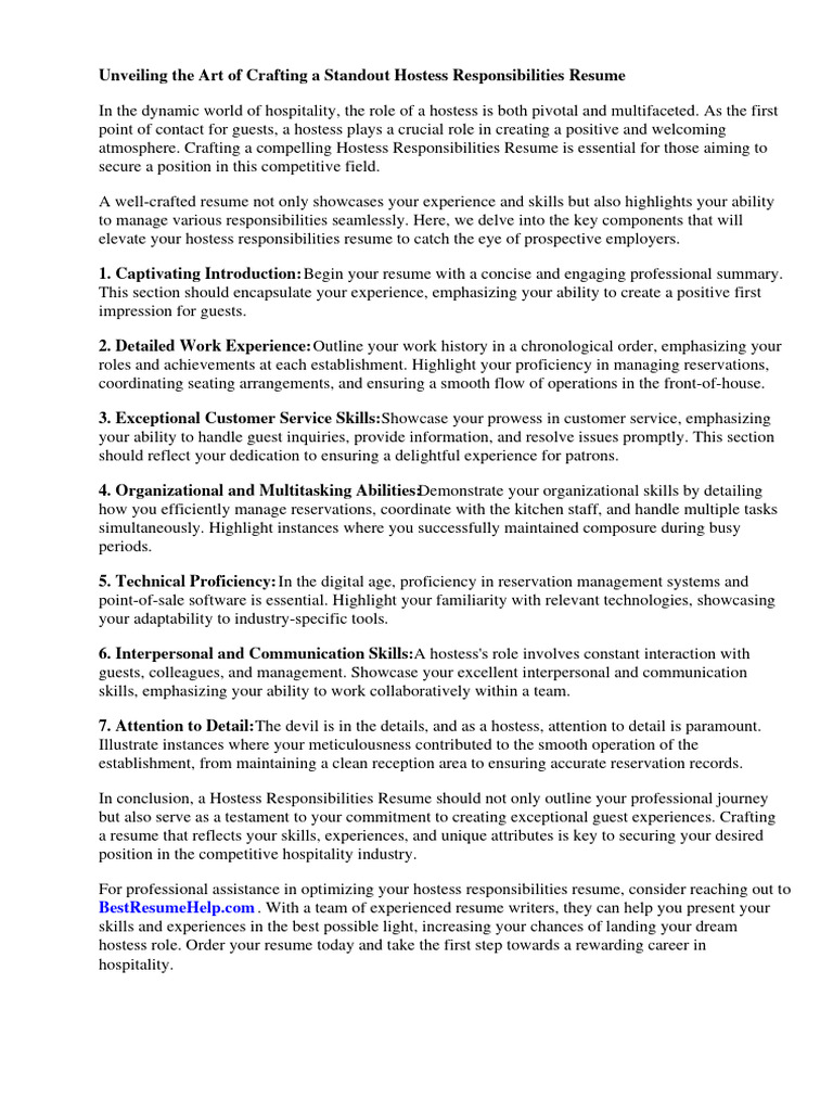 Hostess Responsibilities Resume PDF Waiting Staff Restaurants