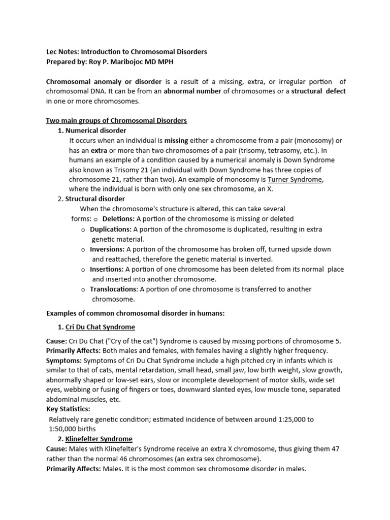 Chromosomal Disorders | PDF | Down Syndrome | Genetic Disorder