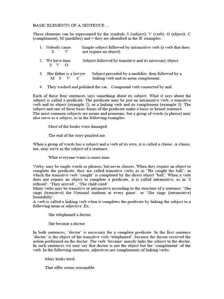 Understanding Sentence Elements | PDF | Verb | Subject (Grammar)